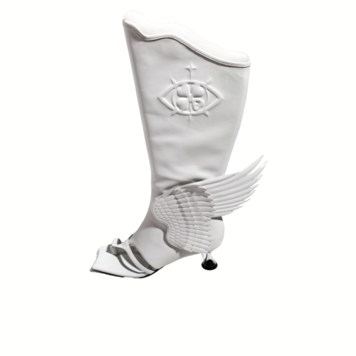 Halo Dove Boots – White Statement Heels with Winged Details