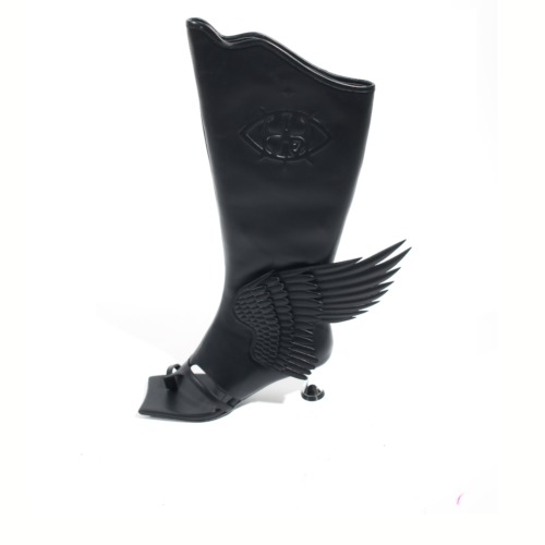 Halo Jet Boots – Black Statement High Heels with Wing Details